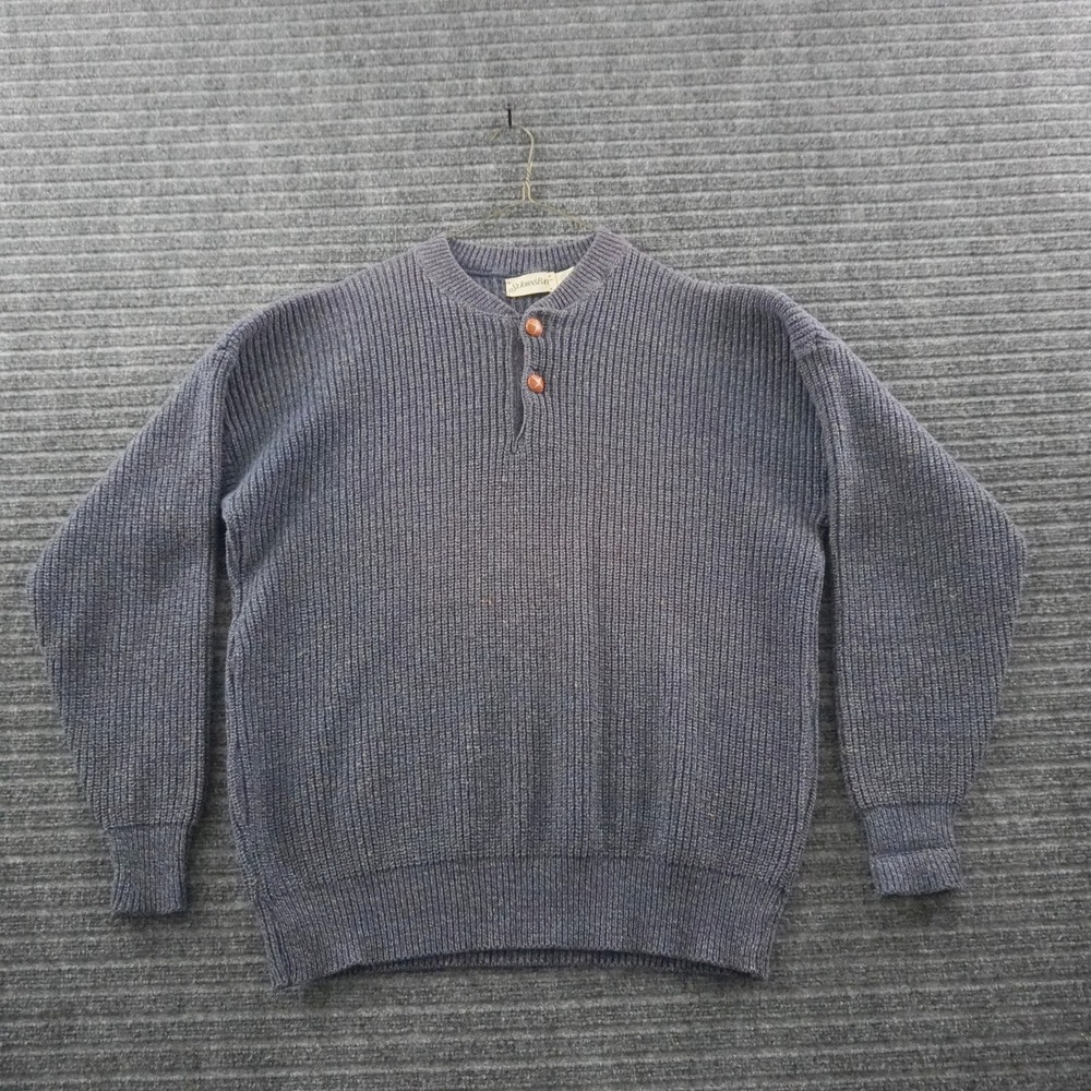 Vintage 90s St Johns Bay Henley Fisherman Sweater Mens LT Blue Ribbed Wool USA
